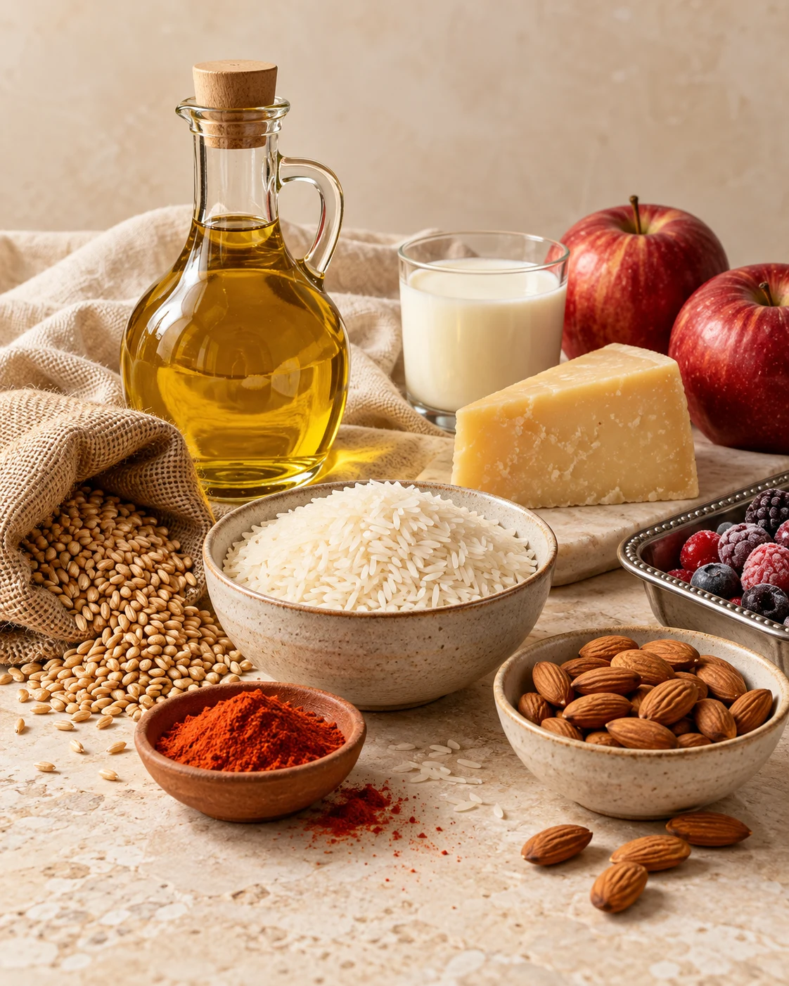 Rice, golden cooking oil, cheese, almonds and spices arranged on ivory stone