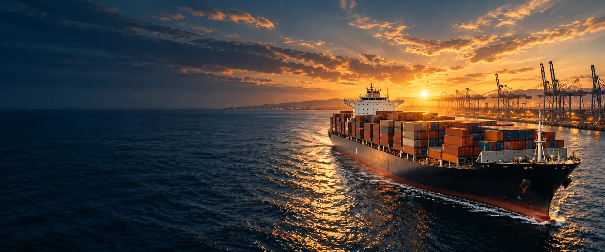 Container ship at an international port with golden sunset reflected on navy-blue water